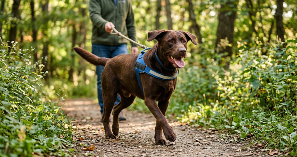 Active chocolate Labrador walking on forest trail — complete guide to dog joint supplements 2026