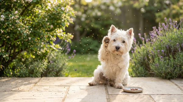 West Highland terrier scratching in pollen-filled spring garden