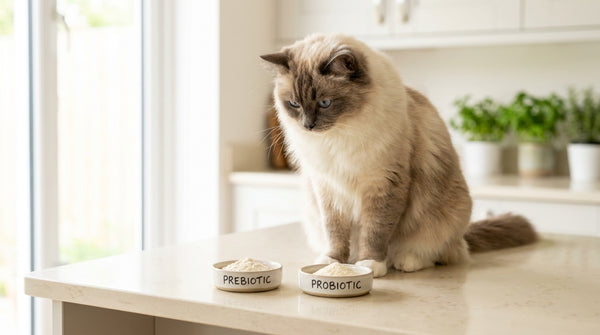 Ragdoll cat beside prebiotic and probiotic dishes