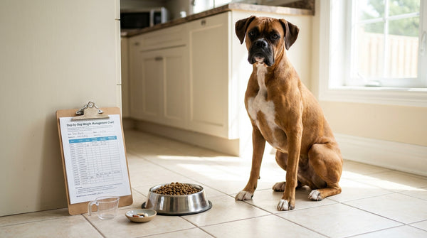 Boxer beside weight management chart and measured food