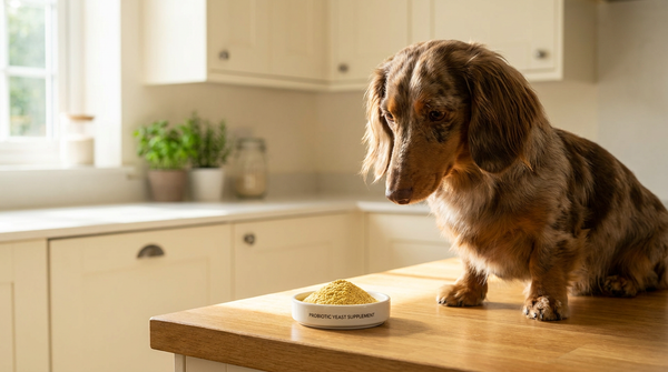 Dachshund beside probiotic yeast supplement dish