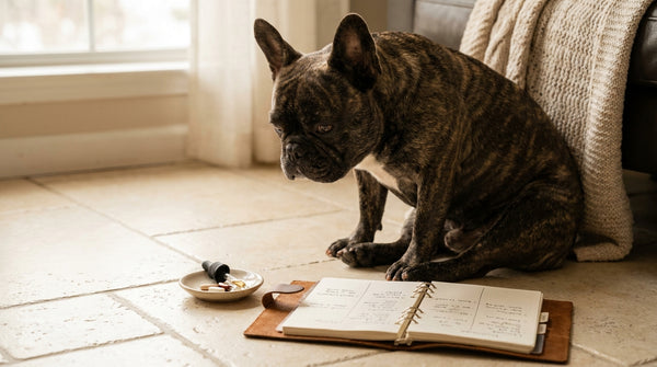 French bulldog looking unwell with health journal