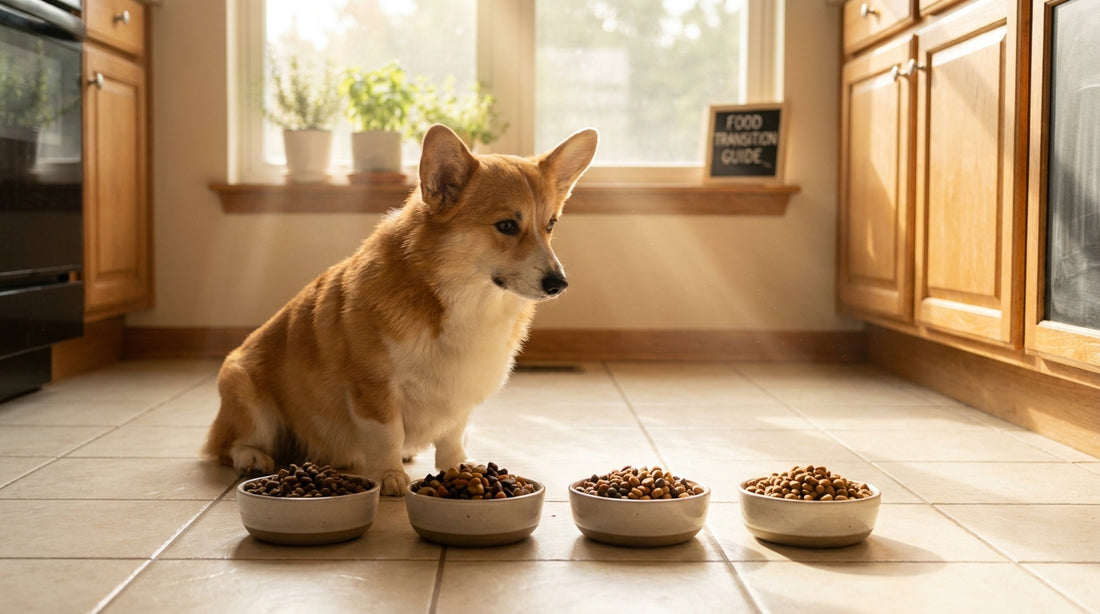 Pembroke corgi beside gradual food transition bowls