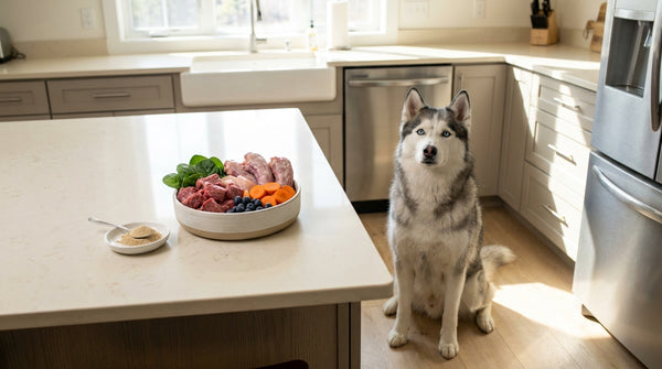 Siberian husky beside raw diet bowl and probiotic