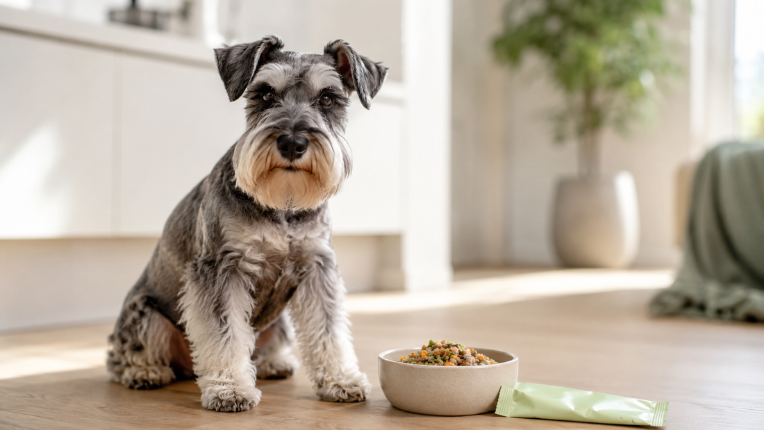 Miniature Schnauzer sitting beside a fresh meal bowl in a bright calm kitchen, illustrating daily signs a dog may benefit from a digestive health supplement