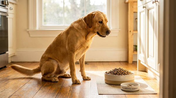 Yellow Labrador eagerly beside full food bowl and microbiome supplement