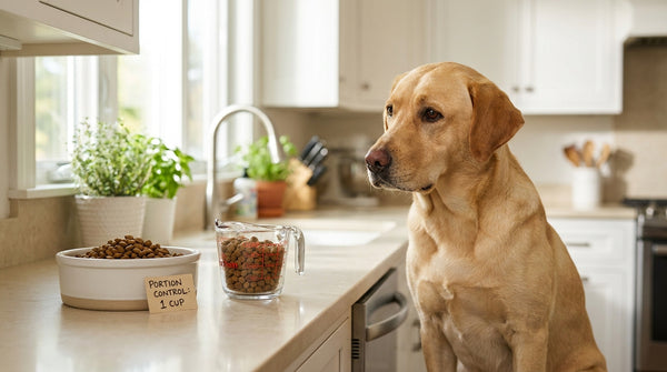 Yellow Labrador beside measuring cup and portioned food