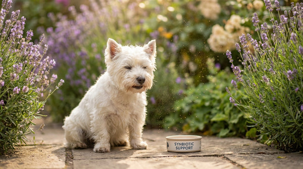 West Highland terrier sneezing in spring garden with synbiotic