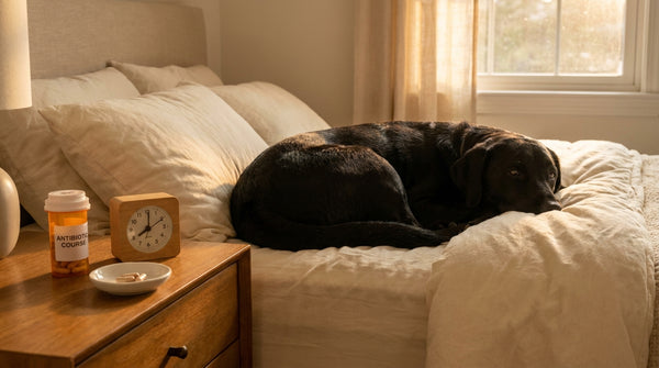 Black Labrador with antibiotic and probiotic timing setup
