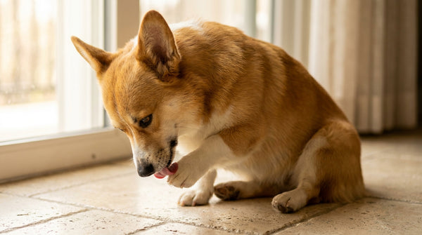 Pembroke corgi licking paw in natural light