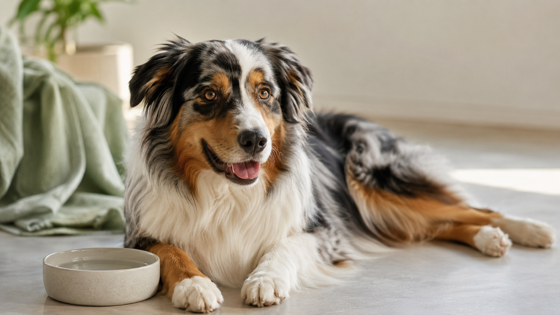 A relaxed Australian Shepherd resting calmly on a clean floor beside its water bowl with a settled belly, illustrating common gassy-dog triggers and quick fixes