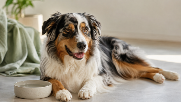 A relaxed Australian Shepherd resting calmly on a clean floor beside its water bowl with a settled belly, illustrating common gassy-dog triggers and quick fixes