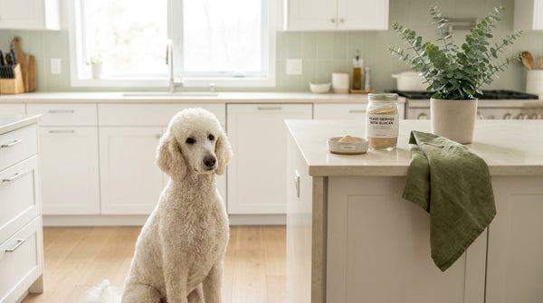 White standard poodle with beta glucan powder