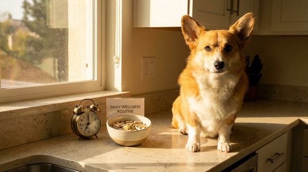 Pembroke corgi beside alarm clock and probiotic dish