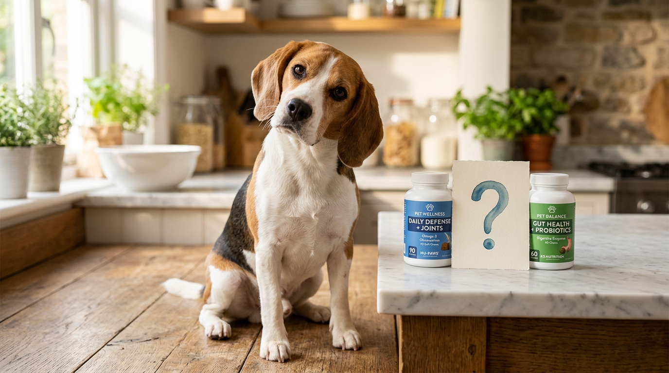 Beagle with head tilt between two supplement containers