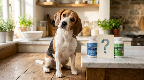 Beagle with head tilt between two supplement containers