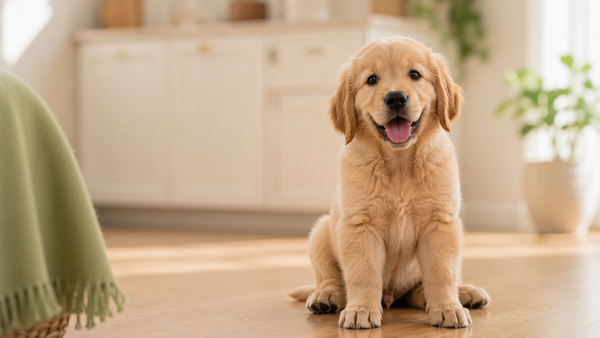 Bright-eyed golden retriever puppy sitting playfully in soft natural light in a warm home