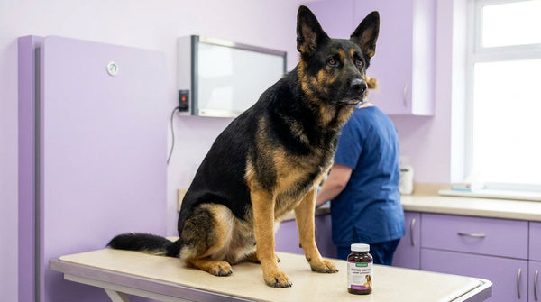 German shepherd in vet clinic with digestive supplement