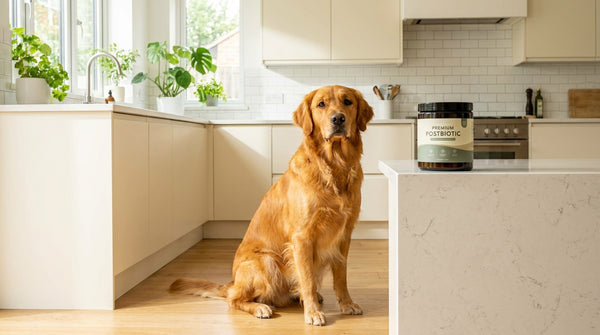 Golden retriever beside premium postbiotic container