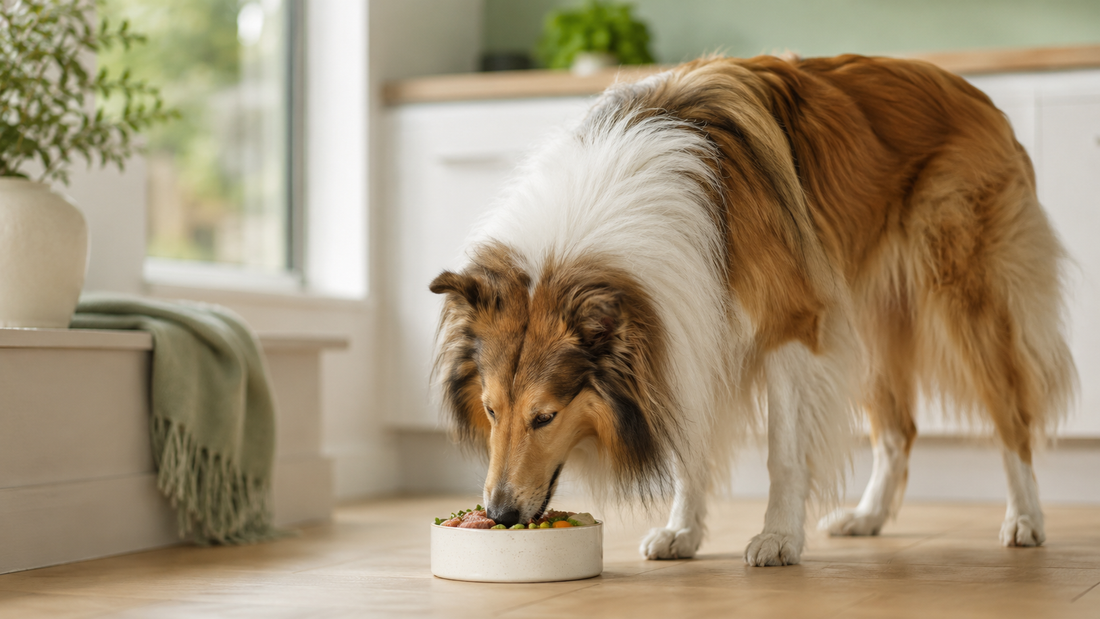 Sable and white Rough Collie eating a fresh wholesome meal from a cream ceramic bowl in a bright kitchen, illustrating how to balance homemade dog food safely