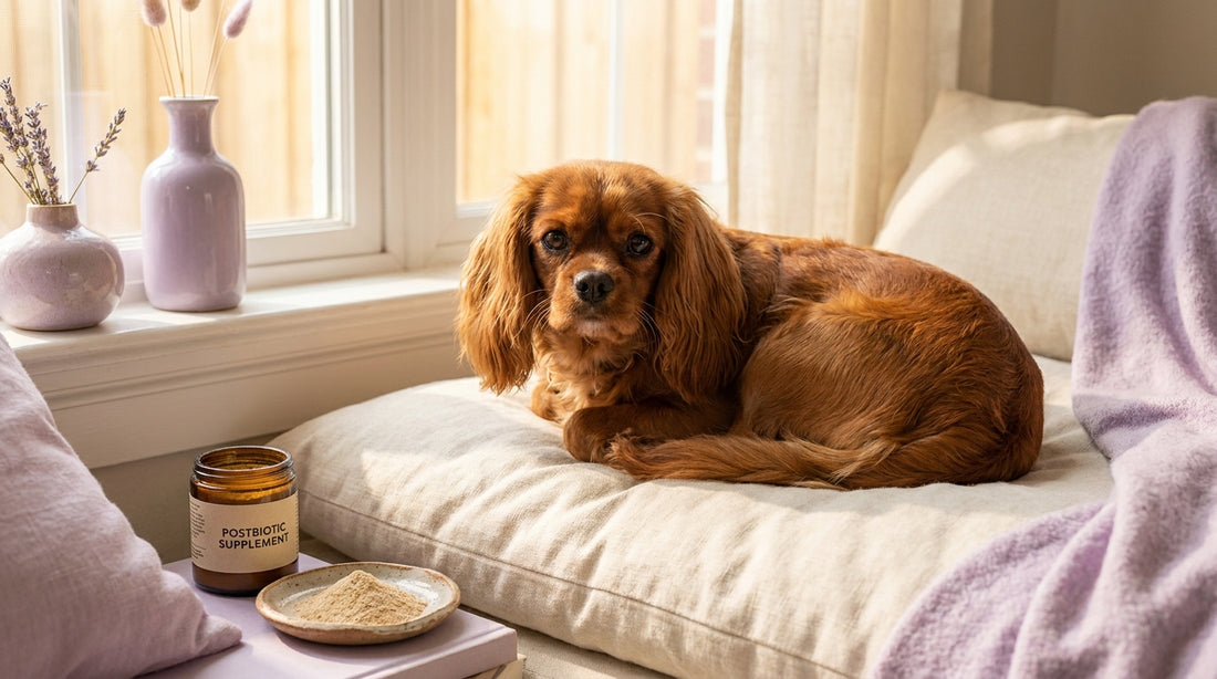 Cavalier King Charles spaniel with postbiotic powder
