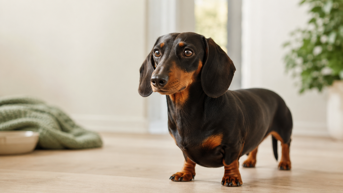Healthy black-and-tan Dachshund standing alert in a warm bright home, illustrating the best all-in-one dog supplement