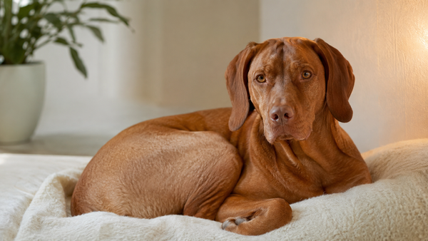 Calm Vizsla curled on a soft cream blanket in cozy lamplight, illustrating the best calming supplement for dogs and how the gut-brain axis changes everything