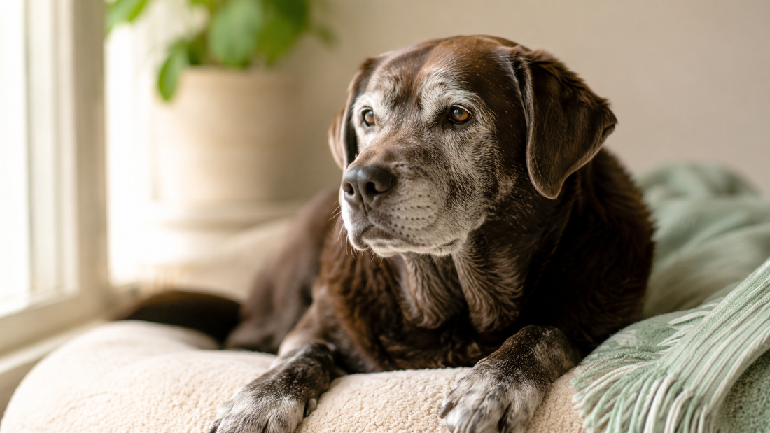 Dignified grey-muzzled senior Labrador resting serenely in warm window light, representing the best dog food for senior gut health