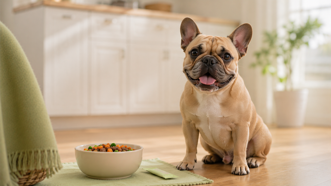 French Bulldog sitting beside a fresh kibble bowl in a bright calm kitchen, illustrating the best dog food for gut health