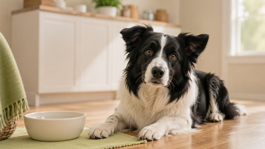 Border Collie resting calmly on a clean floor near its water bowl in a warm home, illustrating the best dog food for a sensitive stomach