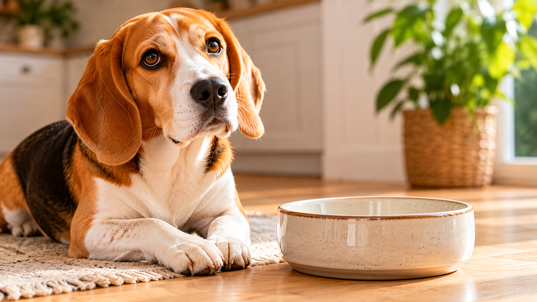 A calm beagle resting beside a clean food bowl in a tidy kitchen — best dog food for sensitive stomachs