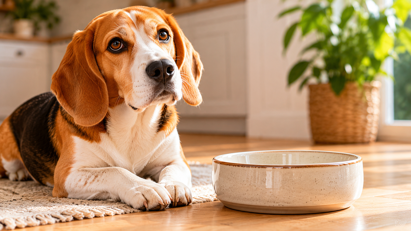 A calm beagle resting beside a clean food bowl in a tidy kitchen — best dog food for sensitive stomachs
