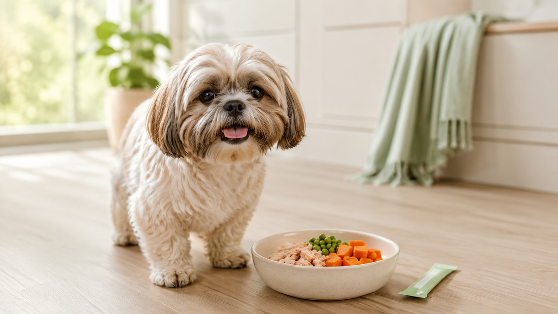 Healthy Shih Tzu standing beside a fresh meal bowl and a Plentum supplement sachet in a bright calm kitchen, illustrating the best dog gut health supplement in 2026