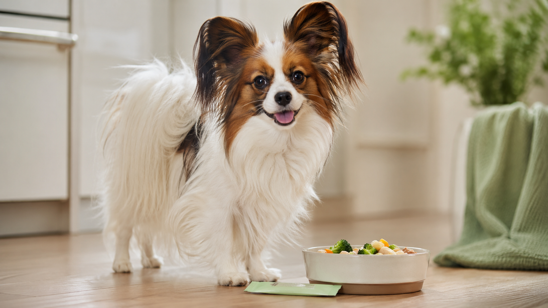 Happy Papillon beside its food bowl with a fresh meal in a bright calm kitchen, illustrating the best dog probiotic supplement guide