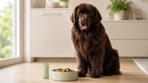 Newfoundland sitting beside a fresh bowl of food in a bright calm kitchen — the best dog probiotic supplement guide