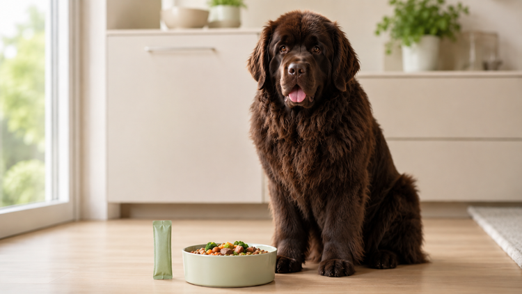 Newfoundland sitting beside a fresh bowl of food in a bright calm kitchen — the best dog probiotic supplement guide
