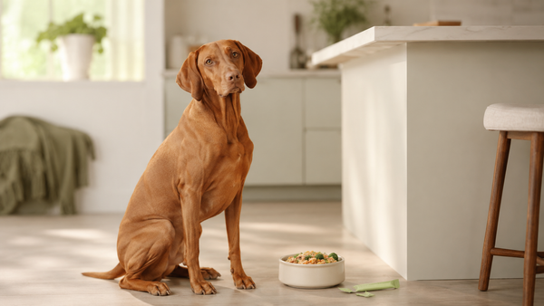 Healthy Vizsla sitting beside its food bowl in a bright calm kitchen - best dog supplement for digestion