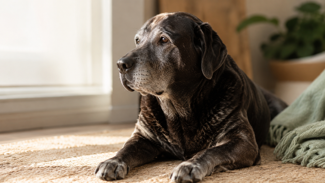 Senior grey-muzzled Labrador resting serenely in warm window light - best dog supplements for senior dogs