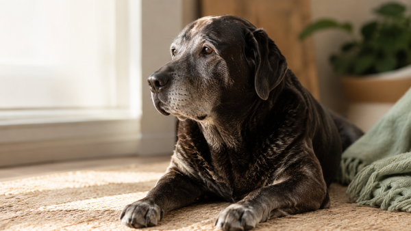 Senior grey-muzzled Labrador resting serenely in warm window light - best dog supplements for senior dogs