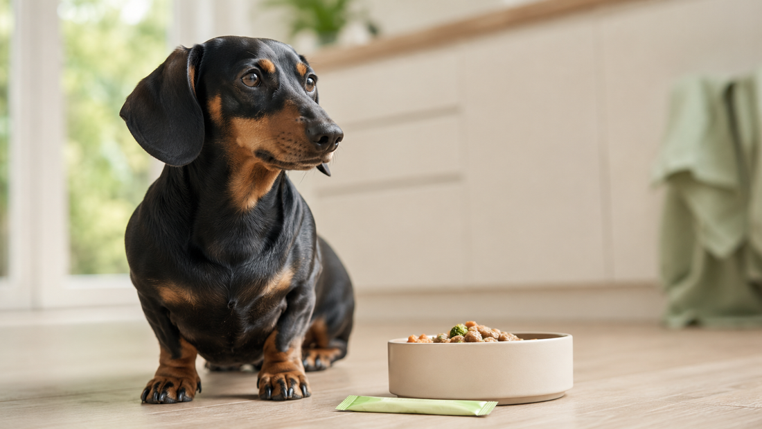 Healthy black and tan Dachshund beside its food bowl with a fresh natural meal in a bright calm kitchen, illustrating best natural dog foods for digestive problems