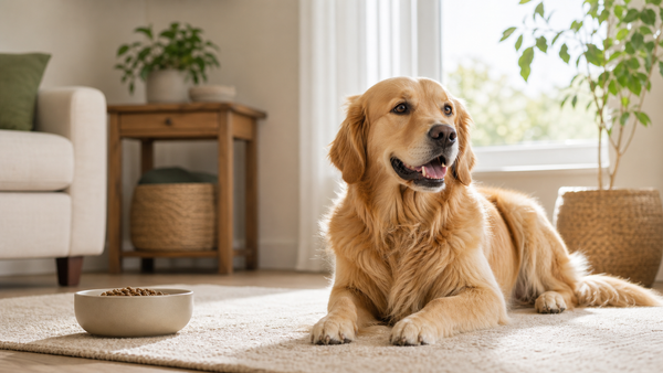 Golden retriever in a bright home wellness setting