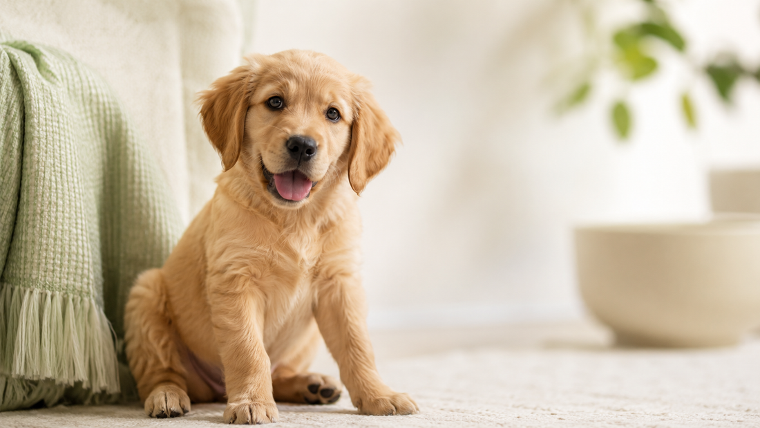 A bright-eyed healthy golden retriever puppy sitting playfully on a cream rug in soft natural light — representing the best probiotics for puppies
