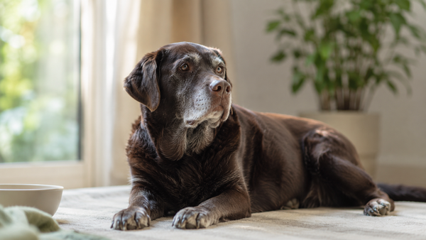 Dignified grey-muzzled senior chocolate Labrador resting serenely in warm window light, illustrating the best supplements for senior dogs in 2026 for joints, gut and brain