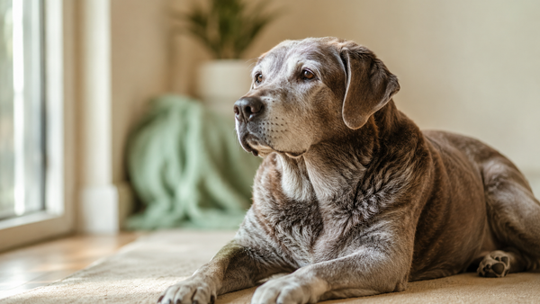Dignified grey-muzzled senior Labrador resting serenely in warm window light — best vitamins for senior dogs
