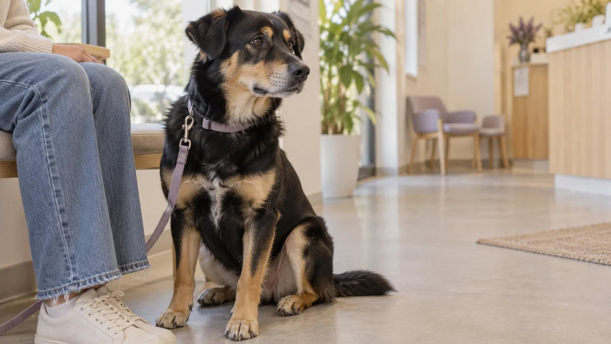 Black and tan dog waiting beside an owner’s legs in a veterinary waiting room.