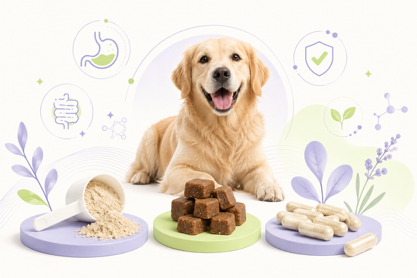 Digestive supplement formats for dogs with gut health icons