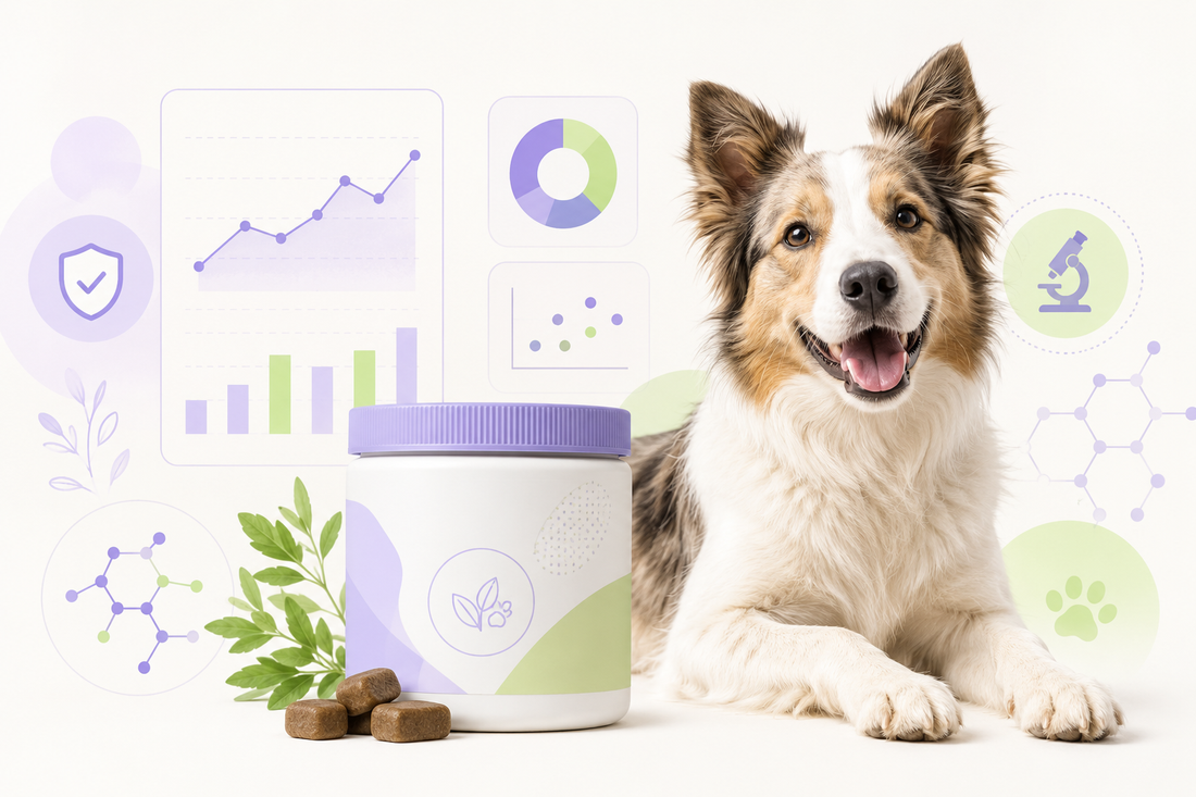 Dog supplement jar with research chart icons for what actually works