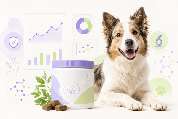 Dog supplement jar with research chart icons for what actually works
