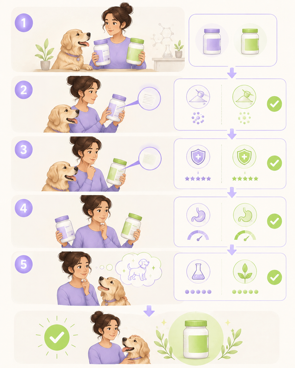 Dog owner comparing supplement labels in a step-by-step choice guide