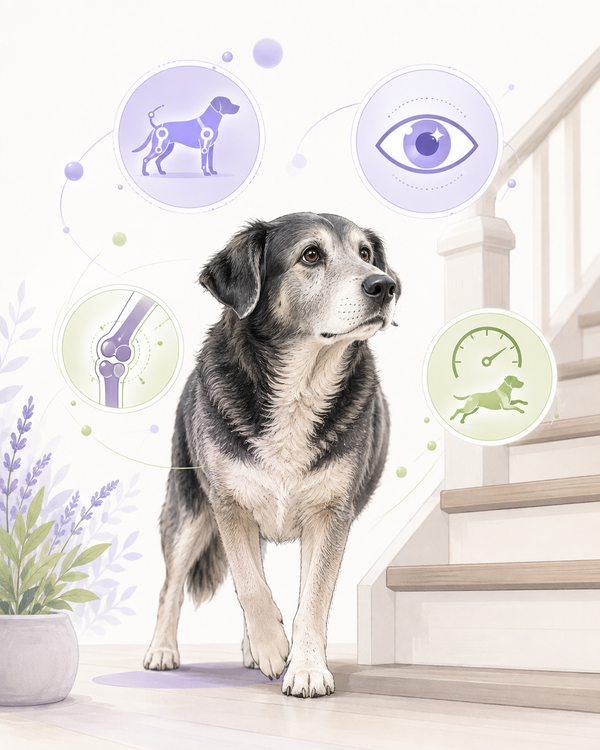 Senior dog at a staircase with icons for the 7 signs of faster aging in dogs